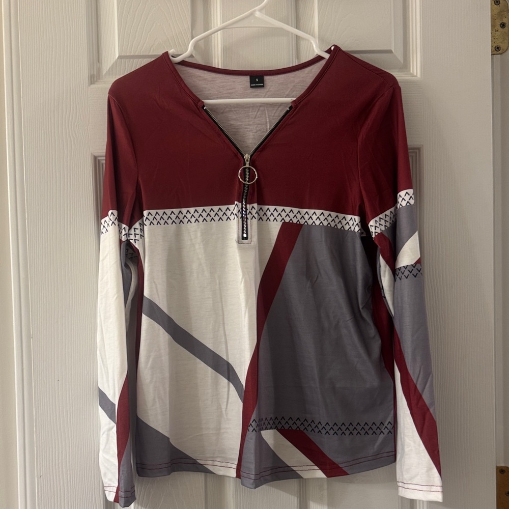 SHEIN Burgundy and Gray Geometric Long Sleeve Top